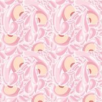 Fruit seamless pattern for textile products, peach pieces with juice splashes, peach smoothie in a flat style. vector