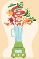 Making vegetables fresh smoothie in electric blender, preparation healthy organic food. Carrot, broccoli, tomato, mushroom, cucumber juice in a flat cartoon style. Vector illustration.