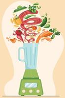 Making vegetables fresh smoothie in electric blender, preparation healthy organic food. Carrot, broccoli, tomato, mushroom, cucumber juice in a flat cartoon style. Vector illustration.