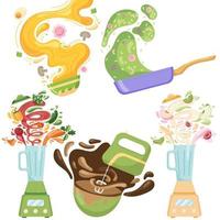 A set of ready-made food for the menu of cafes and restaurants, chocolate in a bowl with a mixer, a blender with smoothies and juice, noodle soup and risotto in a flat style vector