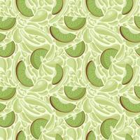 patrón de frutas sin fisuras para productos textiles, piezas de kiwi con salpicaduras de jugo, batido de kiwi en un estilo plano. vector