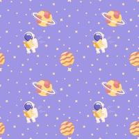 Seamless pattern of deep space with planets and stars, astronaut and asteroids in a flat style. vector