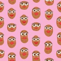 Potato with eyes and lips, girls, women, seamless pattern of potato on a pink background. Illustration for backgrounds, covers, packaging, greeting cards, posters, textile and seasonal design.