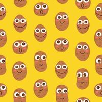 Potatoes, seamless pattern with cute vegetable characters with eyes on yellow background. Illustration for backgrounds, covers, packaging, greeting cards, posters, textile and seasonal design. vector