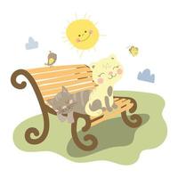 dos gatos sentados en un banco. gatos tomando el sol. es primavera afuera. ilustración vectorial sobre fondo blanco en estilo de dibujos animados. para impresión, diseño web. vector