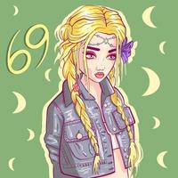 arte conceptual de una chica rubia con el pelo largo trenzado y un cristal en la frente. signo zodiacal de mujer cáncer con chaqueta vaquera y flor en el pelo. símbolo del niño luna. vector