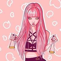 personaje de dibujos animados de una mujer joven con cabello rosado sosteniendo un equilibrio en sus manos. arte conceptual del signo del zodiaco libra con atuendo astrológico y mágico. vector de un signo de otoño de aire.