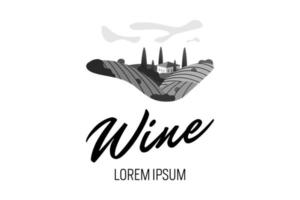 concepto de logotipo de granja de colina de uva de vino de viñedo. paisaje rural romántico en un día soleado con villa, campos de viñedos, colinas de plantaciones, granjas, prados y árboles. vector eps logotipo creativo en blanco y negro