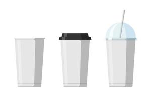 Disposable paper beverage cup templates set for coffee, soda or cocktail with black and transparent hemisphere lid. Blank white large cardboard soft drinks packaging collection vector eps illustration