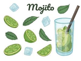 Set of hand drawn cocktail mojito, lime, mint and ice cubes. Vector illustration. Isolated on white.