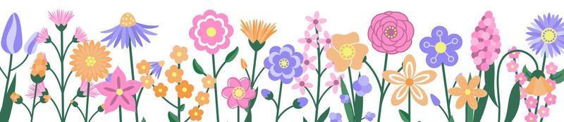 Horizontal banner with spring flowers. Cartoon style. Vector illustration.