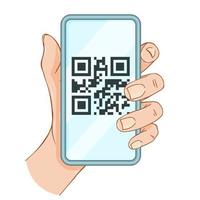 mano con teléfono. Código QR. objeto de color dibujado a mano. ilustración vectorial aislado en blanco vector