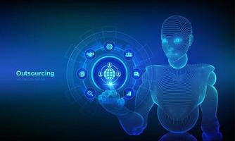 Outsourcing and HR. Social network and global recruitment. Global Recruitment Business and internet concept on virtual screen. Wireframed cyborg hand touching digital interface. Vector illustration.