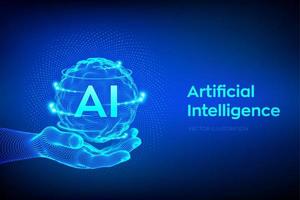 AI. Artificial Intelligence Logo in hand. Artificial Intelligence and Machine Learning Concept. Sphere grid wave with binary code. Big data innovation technology. Neural networks. Vector illustration.