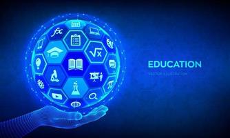 E-learning. Innovative online education technology concept. Webinar, teaching, online training courses. Skill development. Abstract 3D sphere with surface of hexagons with icons in hand. Vector. vector