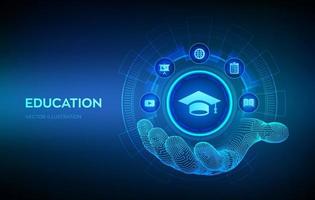 Education icon in hand. Innovative online e-learning and internet technology concept. Webinar, knowledge, online training courses. Skill development. Vector illustration.