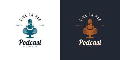 Vintage Podcast Logo Design. Podcast, Radio or, Microphone Logo or Icon. Webcast Audio Record Concept Logo vector