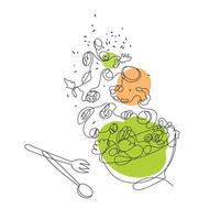 Continuous line Art, poke bowl with flying fresh vegetables, pieces of fish, shrimp, tomatoes and other healthy food, cutlery spoon and   fork isolated on white background drawn in modern style.Vector vector