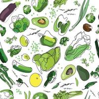 farm eco fresh green vegetables seamless pattern on white background, cut in line art style, vector illustration