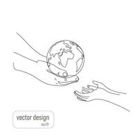 Planet Earth saving concept.Adult hands give away small planet Earth in childrens hands, in out line style.Vector illustration isolated on white background.Earth day vector