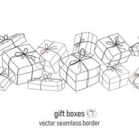 vector seamless pattern border with drawn gift boxes in contour modern style isolated on white background. Design gift boxes with copy space.