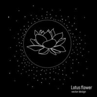 Lotus flower in a circle on a black background.Drawing in minimalistic single line style, simple drawing of a lotus, great vector design for printing, water lily icon, logo.Vecton illustration