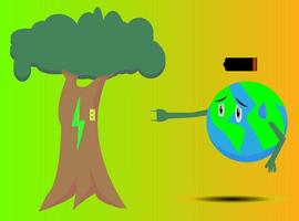 ilustración de la tierra que está experimentando una falta de energía y se cargará a un árbol vector