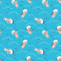 Seamless pattern of cupids flying in the clouds vector
