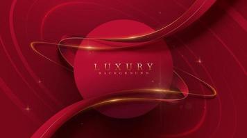 Red luxury background with circle frame and ribbon elements with glitter light effect decoration. vector