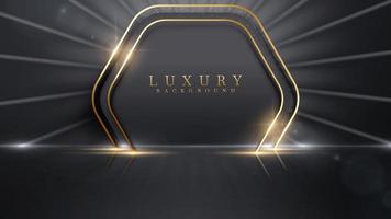 Stage and golden frame with light rays and bokeh decoration. Luxury black background. vector