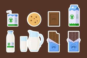 Snack Product Stickers Set. Flat Style. Collection of cookie, chocolate and Milk in different package icons for logo, label, print, recipe, menu, decor and decoration vector