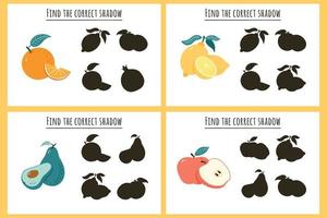 Find correct Fruit shadow educational game for kids. Shadow matching activity for children. Educational worksheet. Preschool puzzle. Find correct silhouette game with ripe fruits vector