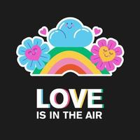 Vector sticker. Flowers in love and a cloud on a rainbow.