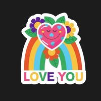 Vector sticker. A heart in love with flowers on a rainbow.