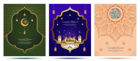 Set of Islamic greetings ramadan kareem card design template background with realistic lantern, modern calligraphy, realistic mosque illustration and beautiful mandala decoration. vector