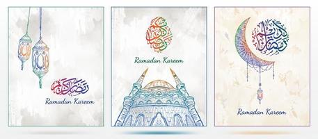 Vector Ramadan Kareem greeting card with hand drawn lantern, mosque, crescent moon, floral mandala and colorful calligraphy. Sketch drawing style with grunge background.