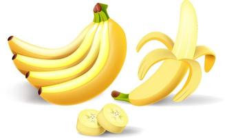 Cartoon bananas. Peel banana, yellow fruit and bunch of bananas. Tropical fruits, banana snack or vegetarian nutrition. Isolated vector illustration icons set