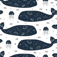 Nursery seamless Blue whale and space pattern hand drawn in cartoon style Use for textiles, prints, wallpapers, vector illustration