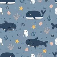 Nursery seamless pattern whale and shark in the sea hand drawn design in cartoon style Use for textiles, prints, wallpapers, vector illustration