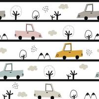 Nursery seamless pattern car and tree on striped background for prints, wallpaper, textiles Vector Illustration