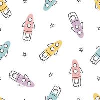 Space background with rockets and stars baby seamless vector pattern in cartoon style for print, wallpaper, decoration, textile