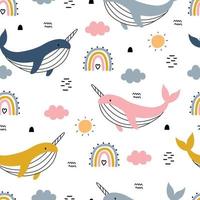 ballena de patrones sin fisuras de vivero con cielo dibujado a mano en estilo de dibujos animados para textiles, estampados, papeles pintados, ilustración vectorial vector