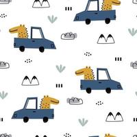 Nursery seamless pattern car with crocodile on white background Use for prints, wallpapers, textiles Vector Illustration