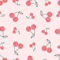 Cerezas rojas sobre un fondo rosa de patrones sin fisuras fondo de frutas para imprimir, decoración de papel tapiz, ilustración vectorial vector