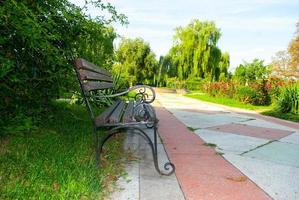 Stylish bench in the summer park. Metal and wood bench outdoors photo