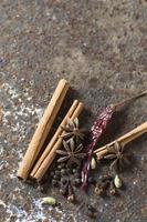 Spices and herbs. Food and cuisine ingredients. Cinnamon sticks, anise stars, black peppercorns, Chili, Cardamom and Cloves on textured background photo