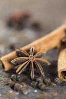 Palitos de canela, estrellas de anís y granos de pimienta negra sobre fondo de textura foto