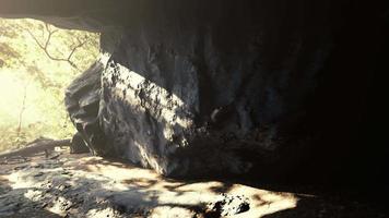 cenário de tirar o fôlego de raios de sol brilhantes caindo dentro de uma caverna iluminando video