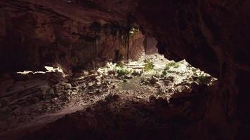 cave in an extinct volcano covered with grass and plants video