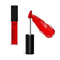 Liquid lipstick, Lip gloss in glass bottle with black lid, open and closed container with brush, isolated . Make up smear. vector